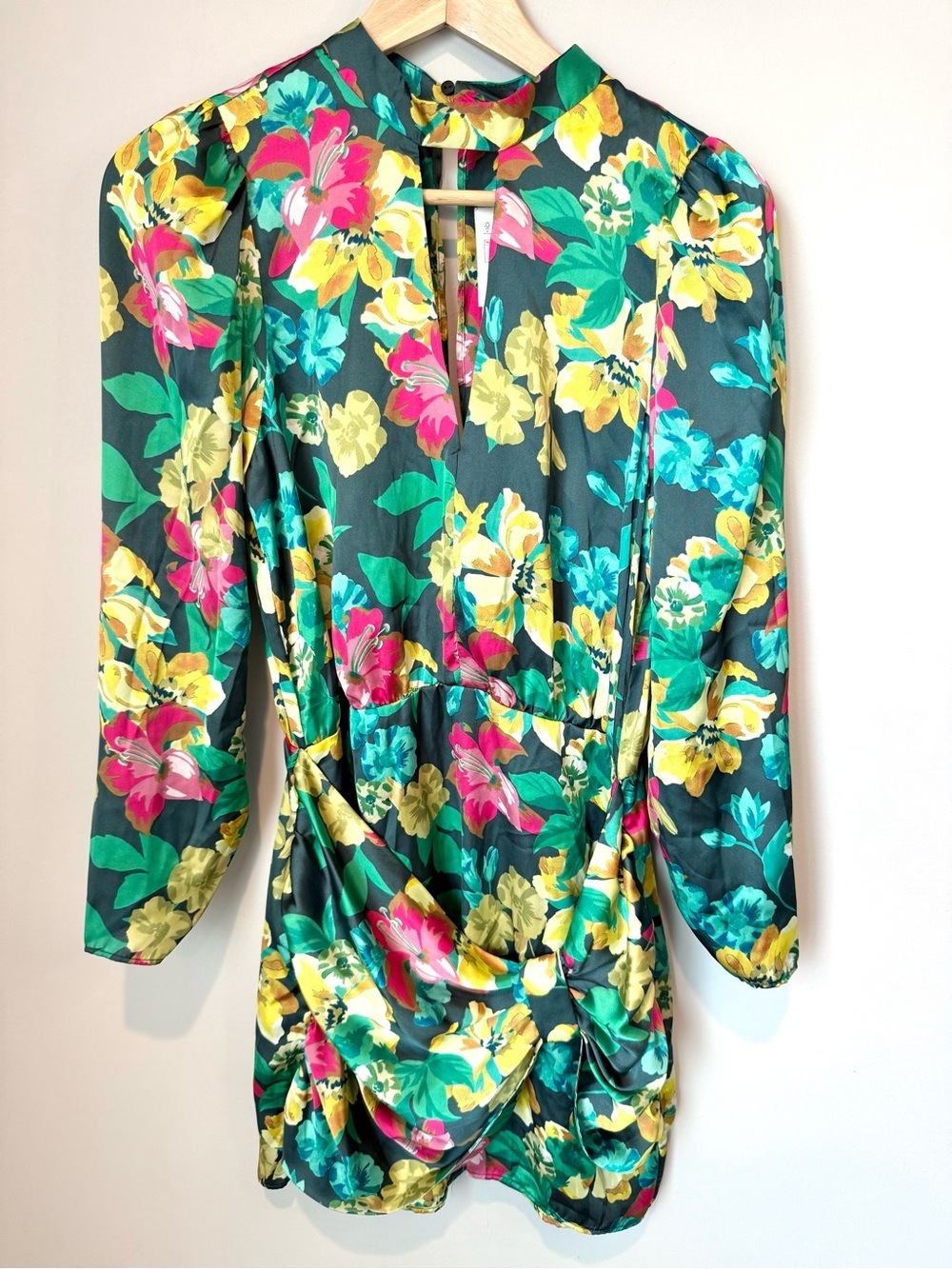 ZARA NWT Green Satin Floral Long-Sleeve Mini Bow Evening Cocktail Dress